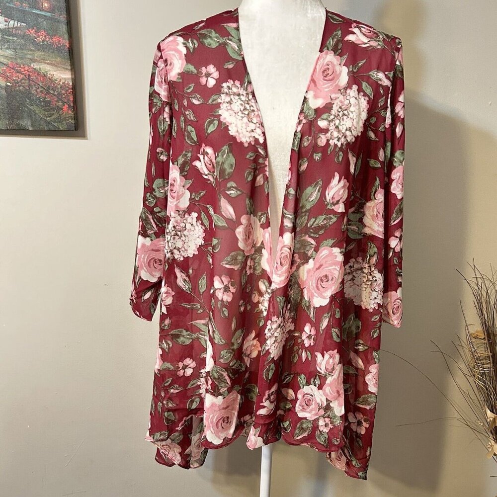 Elisabeth Williams Women Open Cardigan Red Pink Floral High Low Semi Sheer Sz M